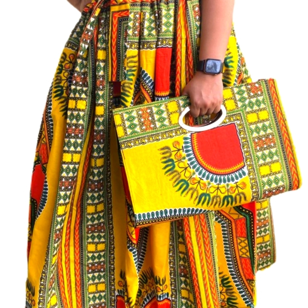 African Beautiful Three-piece Maxi Skirt With Matching Handbag And Scarf